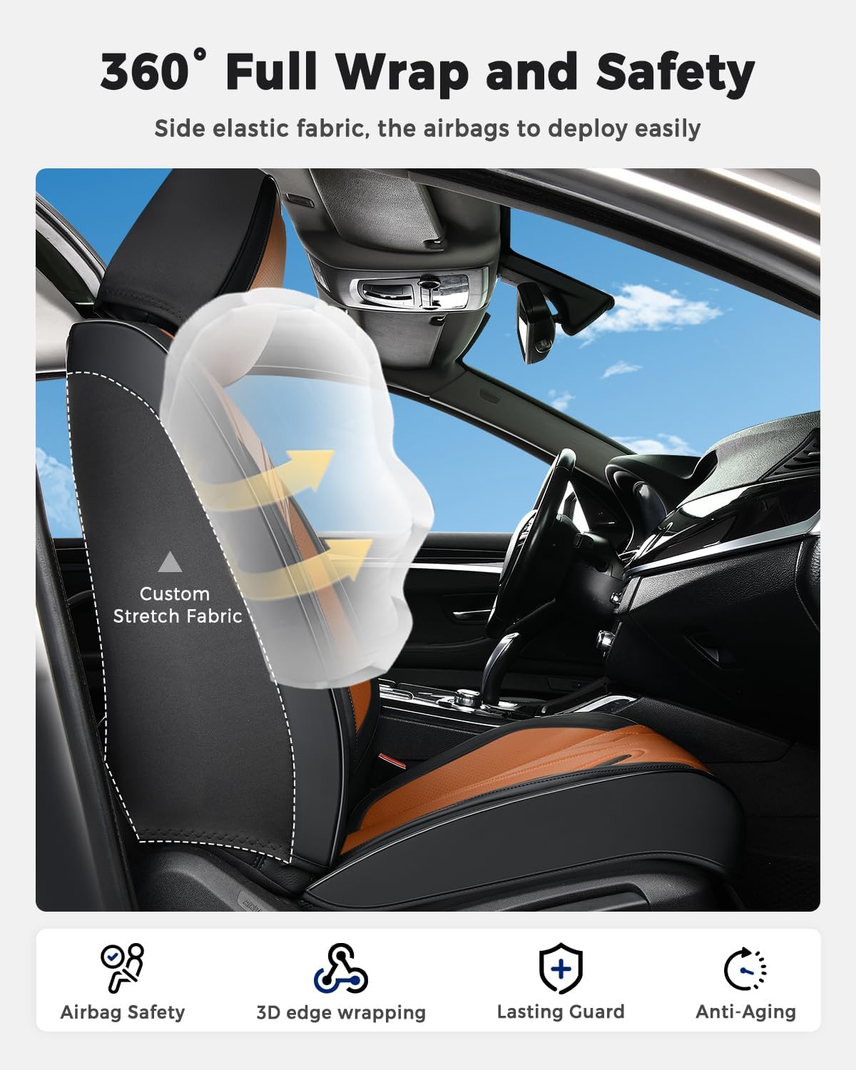 Huidasource Coffee Seat Covers Full Set, Universal Fit for Most Cars Trucks SUV, Full Coverage Leather Seat Cover, Airbag, Cupholder Compatible, Velcro Adjustable, Heaating/Cooling Function Retain