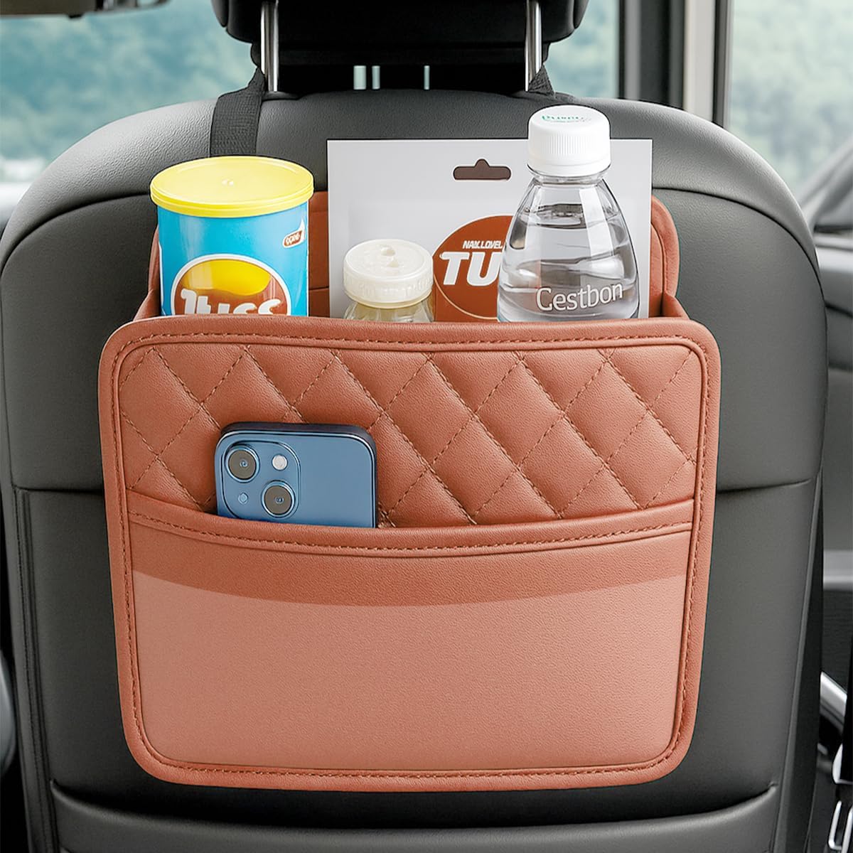 Mandark Car Seat Back Organizer, PU Leather Vehicle Backseat Hanging Storage Pocket, Multipurpose Auto Travel Essentials Accessories for Kids & Adults, Universal for Most Cars (Black)