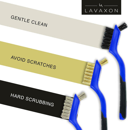 Lavaxon Wire Brush Set 3Pcs - Nylon/Brass/Stainless Steel Bristles with Curved Handle Grip for Rust, Dirt & Paint Scrubbing with Deep Cleaning – 7 Inches (Red)