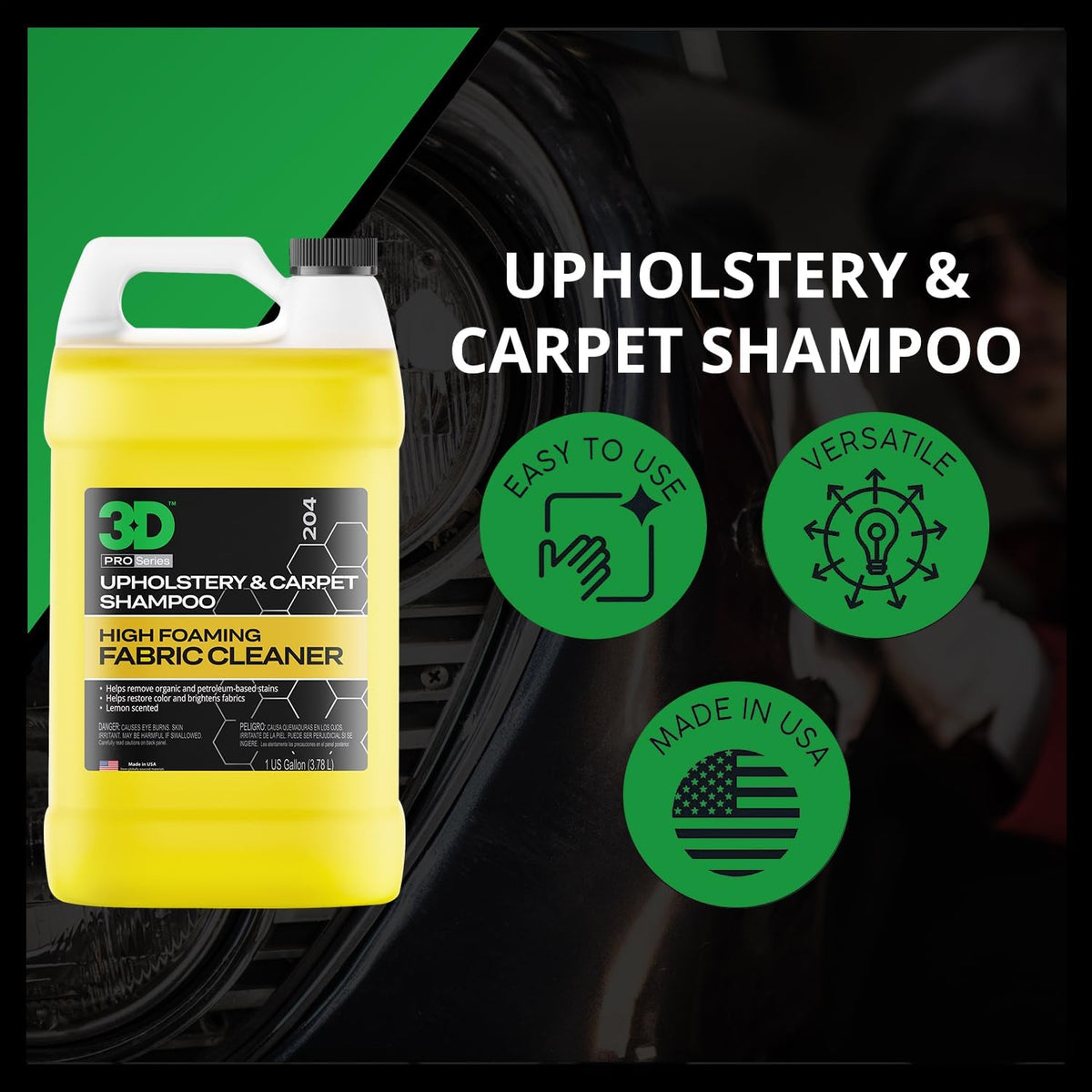3D Upholstery & Carpet Shampoo - High Foam Stain Remover & Odor Eliminator Shampoo 16oz.