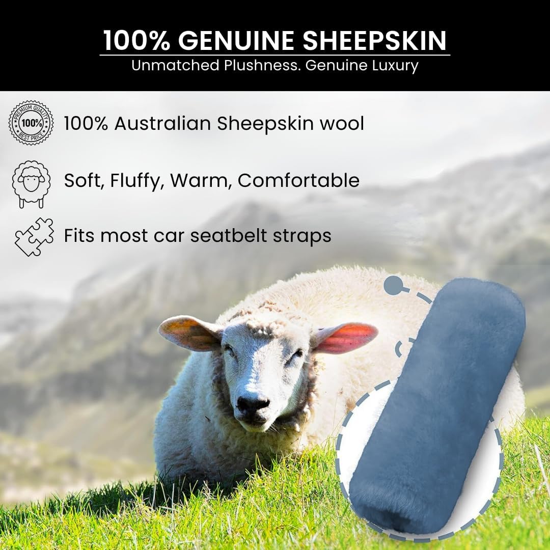 Andalus Brands 2 Pack Genuine Merino Wool Sheepskin Seat Belt Cover – Soft Shoulder Pad, Neck Cushion Protector – Authentic Car Accessories (Pearl)