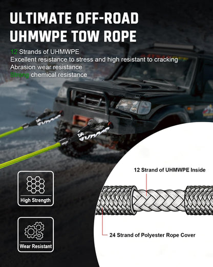 DAYDOOR Recovery Tow Rope Kit with 2 Soft Shackles, 7/16 Inch x 30 ft 31,200 Lbs UHMWPE Tow Strap, Synthetic Towing Rope Recovery Kit for ATV, UTV, SUV, Cars (Gray)