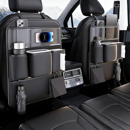 Leather Car Seat Back Organizer, Backseat Kick Mat Protector with Clear Touchscreen Tablet Holder, Cup Holder, Tissue Holder and Storage Pockets, Fits Cars SUVs Minivans, Black