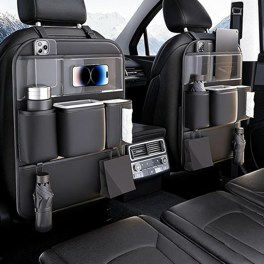 Leather Car Seat Back Organizer, Backseat Kick Mat Protector with Clear Touchscreen Tablet Holder, Cup Holder, Tissue Holder and Storage Pockets, Fits Cars SUVs Minivans, Black