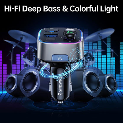 Syncwire Bluetooth 5.4 FM Transmitter Car Adapter 48W (PD 36W & 12W) [Light Switch] [HiFi Bass Sound] [Fast Charging] Wireless Radio Music Adapter LED Display Hands-Free Calling Support USB Drive