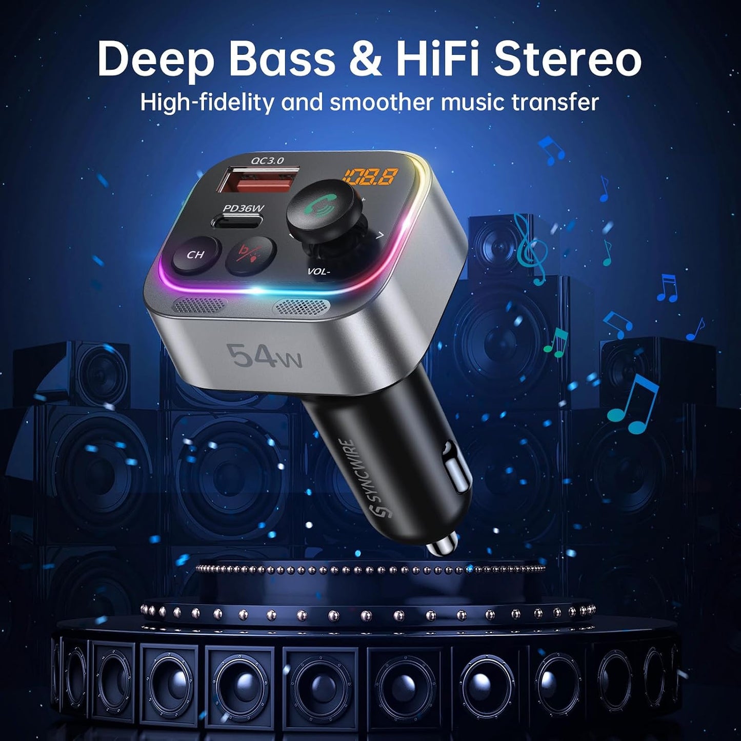 Syncwire Bluetooth 5.4 FM Transmitter Car Adapter 54W (PD 36W & 18W) [Stronger Dual Mics] [Light Switch] [HiFi Bass Sound] [Fast Charging] Wireless Radio Receiver Hands-Free Calling LED Display