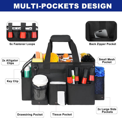 Wearable Detailing Caddy, Car Care Carrying Bag with Handle and Detachable Padded Cushion for Auto Cleaning Supplies & Vehicle Wash Tools, Black