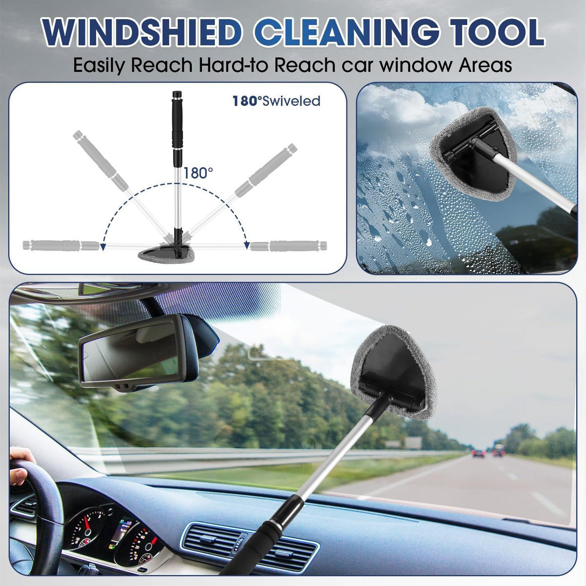 Windshield Cleaner Tool, Car Interior Cleaning Kit with Extendable Handle and 3 Reusable Microfiber Pads, Auto Glass Wiper and Detailing Brush Kit for Car & Home Window, Blue