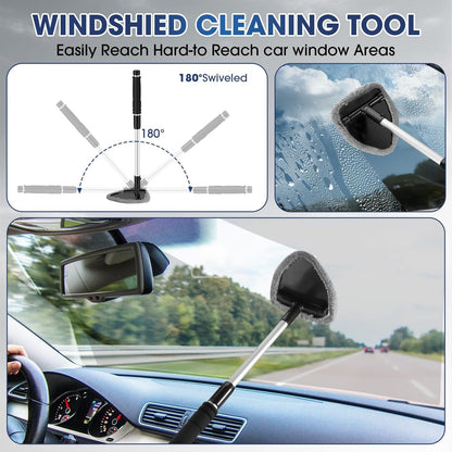 Windshield Cleaner Tool, Car Interior Cleaning Kit with Extendable Handle and 3 Reusable Microfiber Pads, Auto Glass Wiper and Detailing Brush Kit for Car & Home Window, Blue
