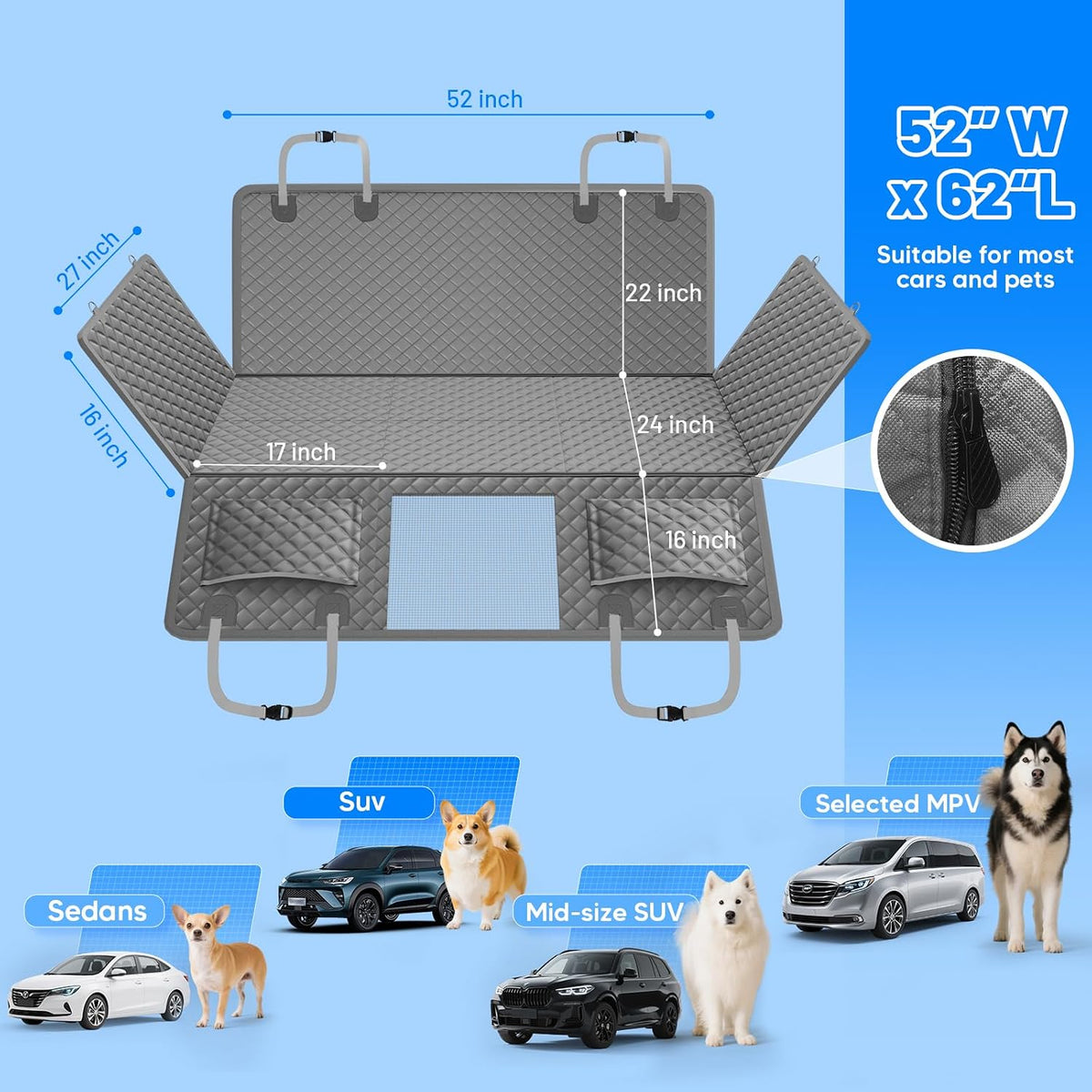 Dog Car Seat Cover for Back Seat with Hard Bottom,Waterproof Back Seat Extender for Dogs,Dog Hammock Dogs Bed for Cars, SUVs,Pet Seat Cover for Back Seat Holds 400lbs with Mesh Window & Pocket