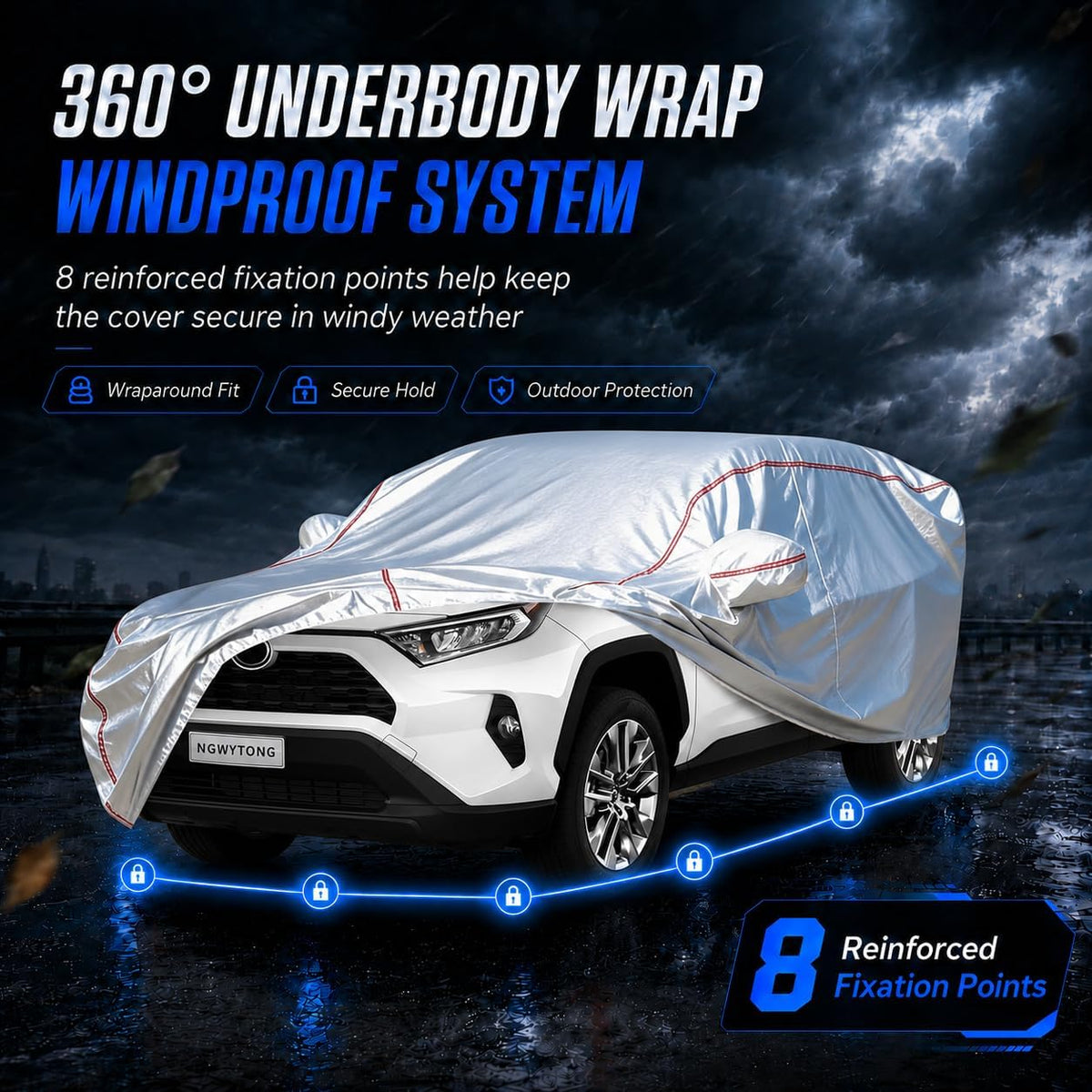 Car Cover for Sedan, Waterproof All Weather Heavy Duty, 360° Underbody Wrap Windproof Design, Quick Install Outdoor Vehicle Cover, Fits 186-193 in