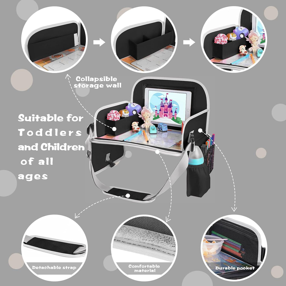 MENZOKE Kids Travel Tray for Toddler Car Seat, Road Trip Activities for Kids with iPad Holder Stand & Dry Erase Board, Road Trip Essentials Accessories Lap Tray as Travel Gifts for Kid, Pink