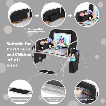MENZOKE Kids Travel Tray for Toddler Car Seat, Road Trip Activities for Kids with iPad Holder Stand & Dry Erase Board, Road Trip Essentials Accessories Lap Tray as Travel Gifts for Kid, Pink