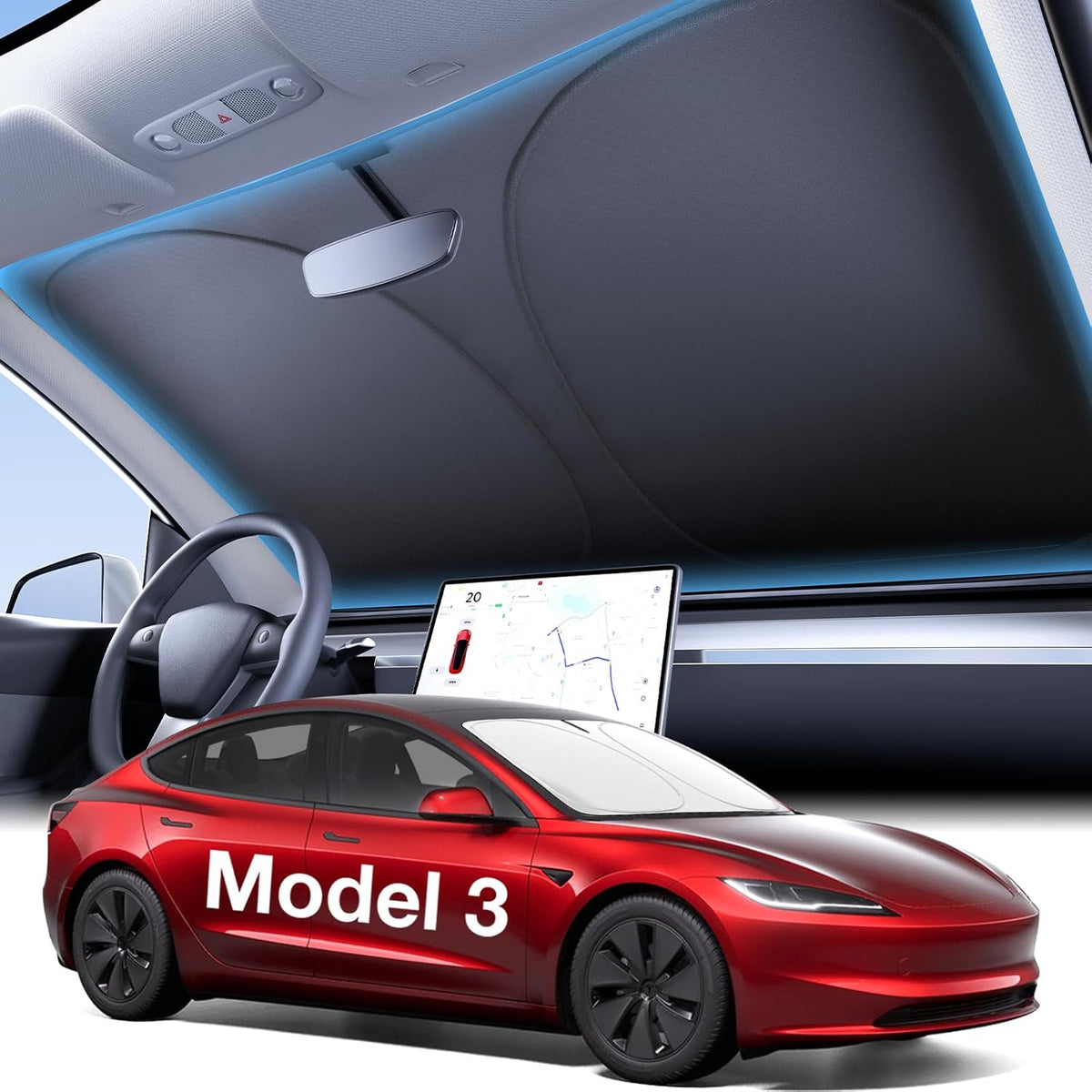 Wigoo Tesla New Model Y Accessories Windshield Sunshade [OEM Design, 100% Sun Blockage] Foldable Heat Insulation Sunshade with Storage Bag, for Model Y 2020~2026 (Juniper), Silver Coating - Colors A