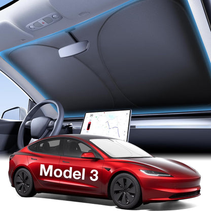 Wigoo Tesla New Model Y Accessories Windshield Sunshade [OEM Design, 100% Sun Blockage] Foldable Heat Insulation Sunshade with Storage Bag, for Model Y 2020~2026 (Juniper), Silver Coating - Colors A
