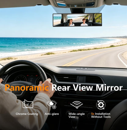 Rear View Mirror, Chrome Anti-glare Panoramic Rear Mirrors Universal 10 Inch Convex Car Interior Clip on Extra Big Wide Angle Rearview Mirror Extender to Reduce Blind Spot for Car SUV