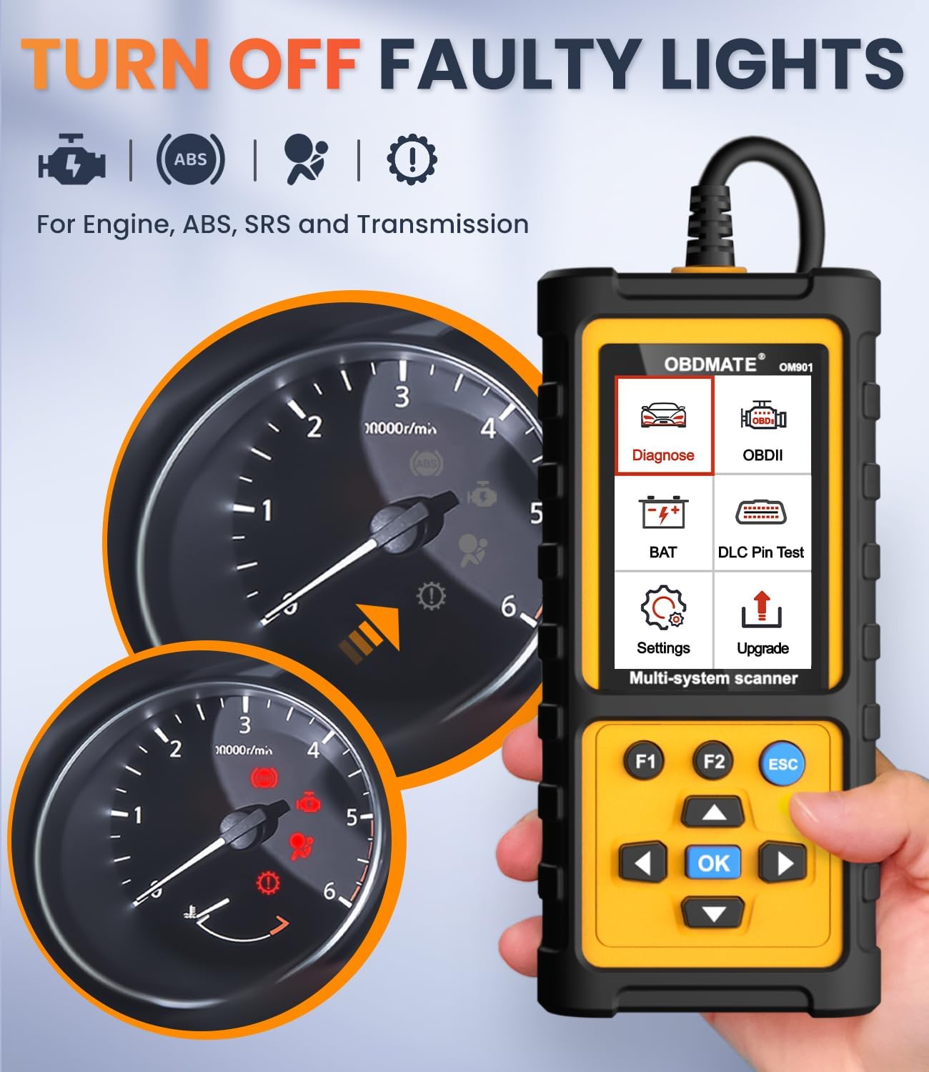 OBD2 Scanner with ABS SRS Transmission, Reset Fault Lights | Check Engine Code Reader with Full OBDII Functions | DLC Pin Test | Battery Voltage Check, Car Diagnostic Tool