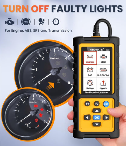 OBD2 Scanner with ABS SRS Transmission, Reset Fault Lights | Check Engine Code Reader with Full OBDII Functions | DLC Pin Test | Battery Voltage Check, Car Diagnostic Tool