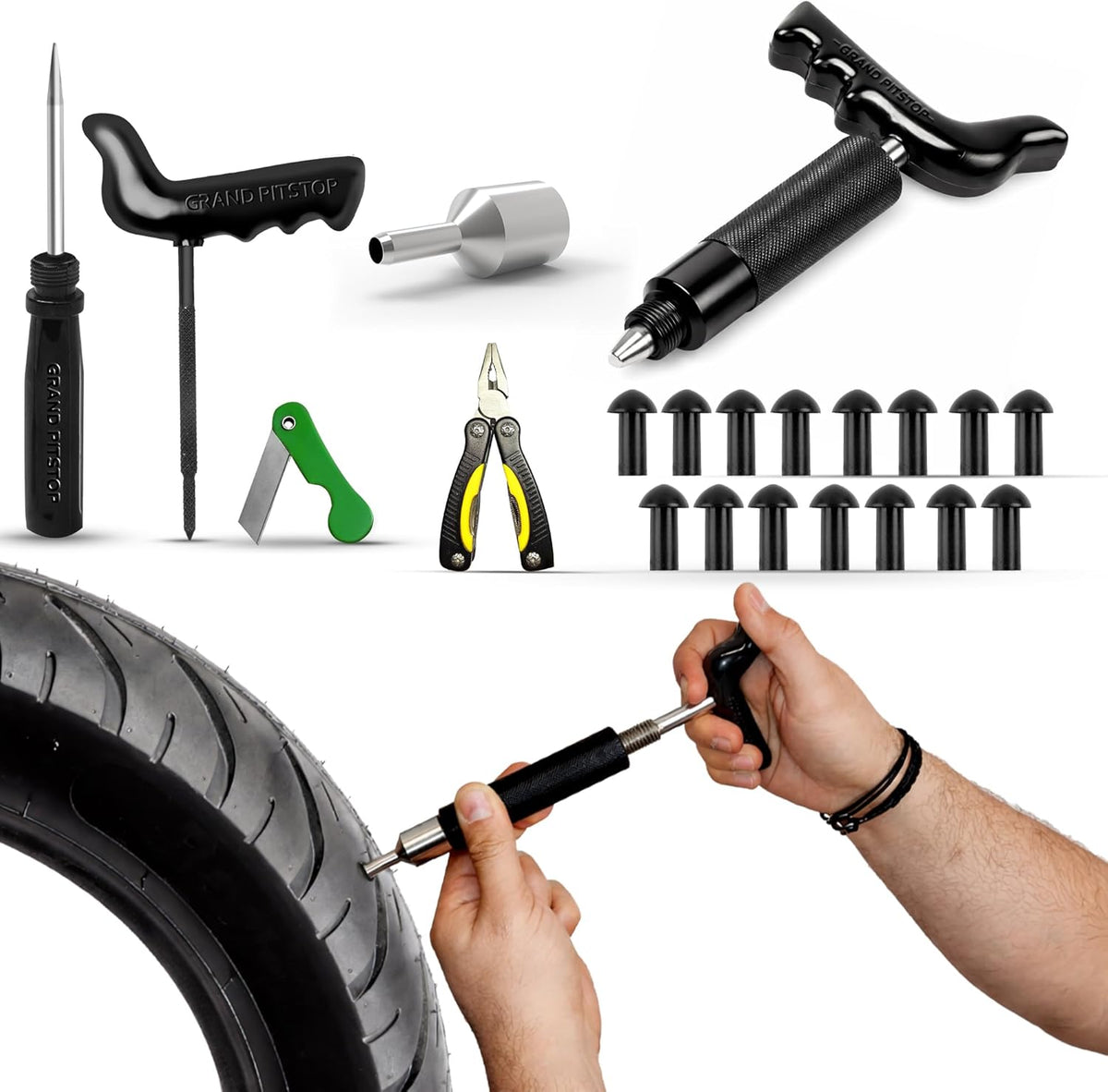 GRAND PITSTOP 20 Pcs Tubeless Tire Puncture Repair Kit with Mushroom Plug for Tyre Punctures and Flats on Cars, Motorcycles, ATV, Trucks & Tractors (15 Mushroom Plugs)