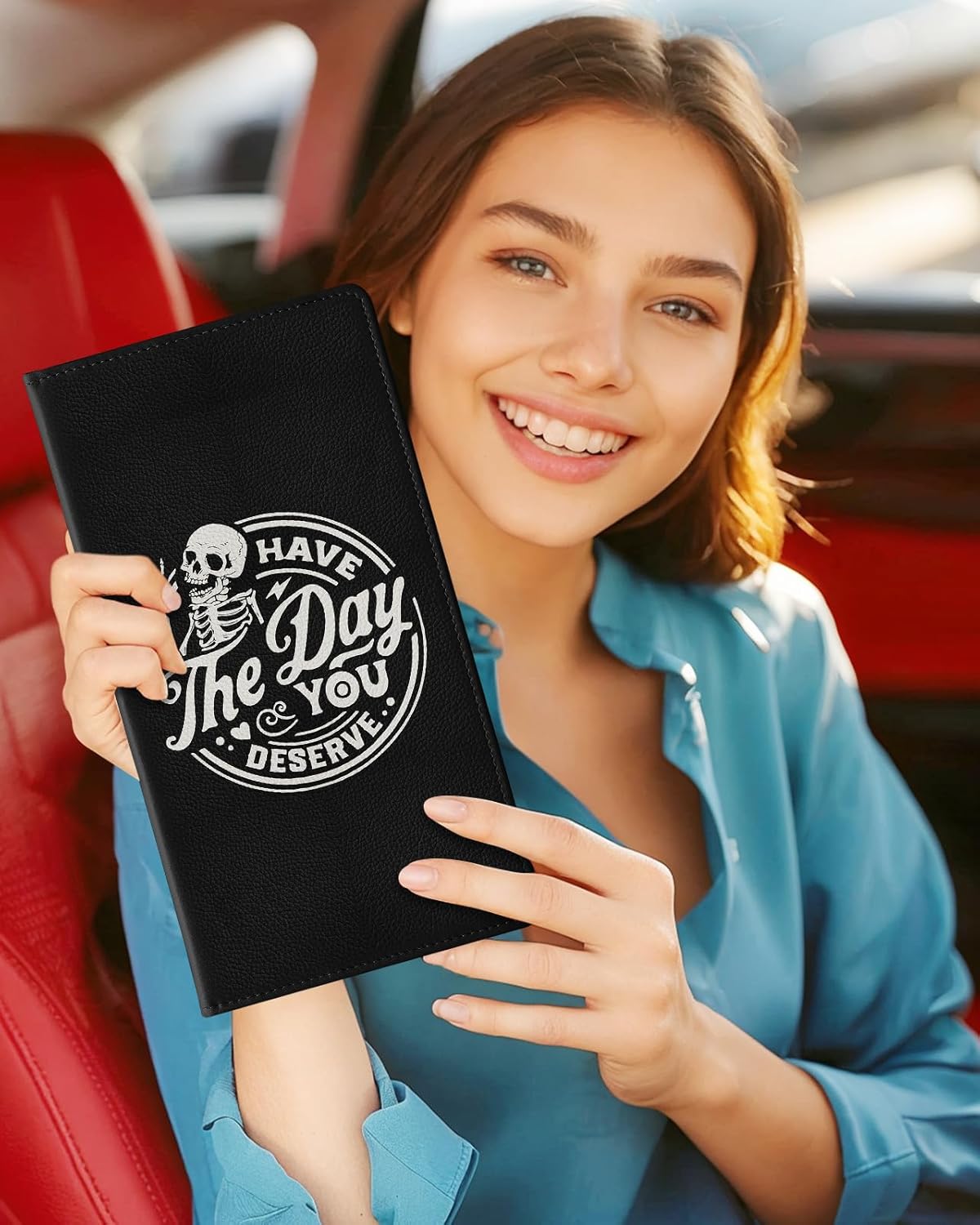 Slohif Car Registration and Insurance Card Holder with Magnetic Shut - Vehicle Glove Box Organizer Women Leather Automobile License Holders Coasters Auto Accessories Case for Document,Strawberry