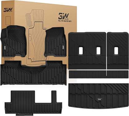 3W Floor Mats & Cargo Liner Fit for 2021 2022 2023 2024 2025 2026 Chevy Tahoe/GMC Yukon/Cadillac Escalade 7 Seat, TPE All Weather Custom Fit Car Accessories Heavy Duty Rubber Full Set Trunk Mats - Colors A
