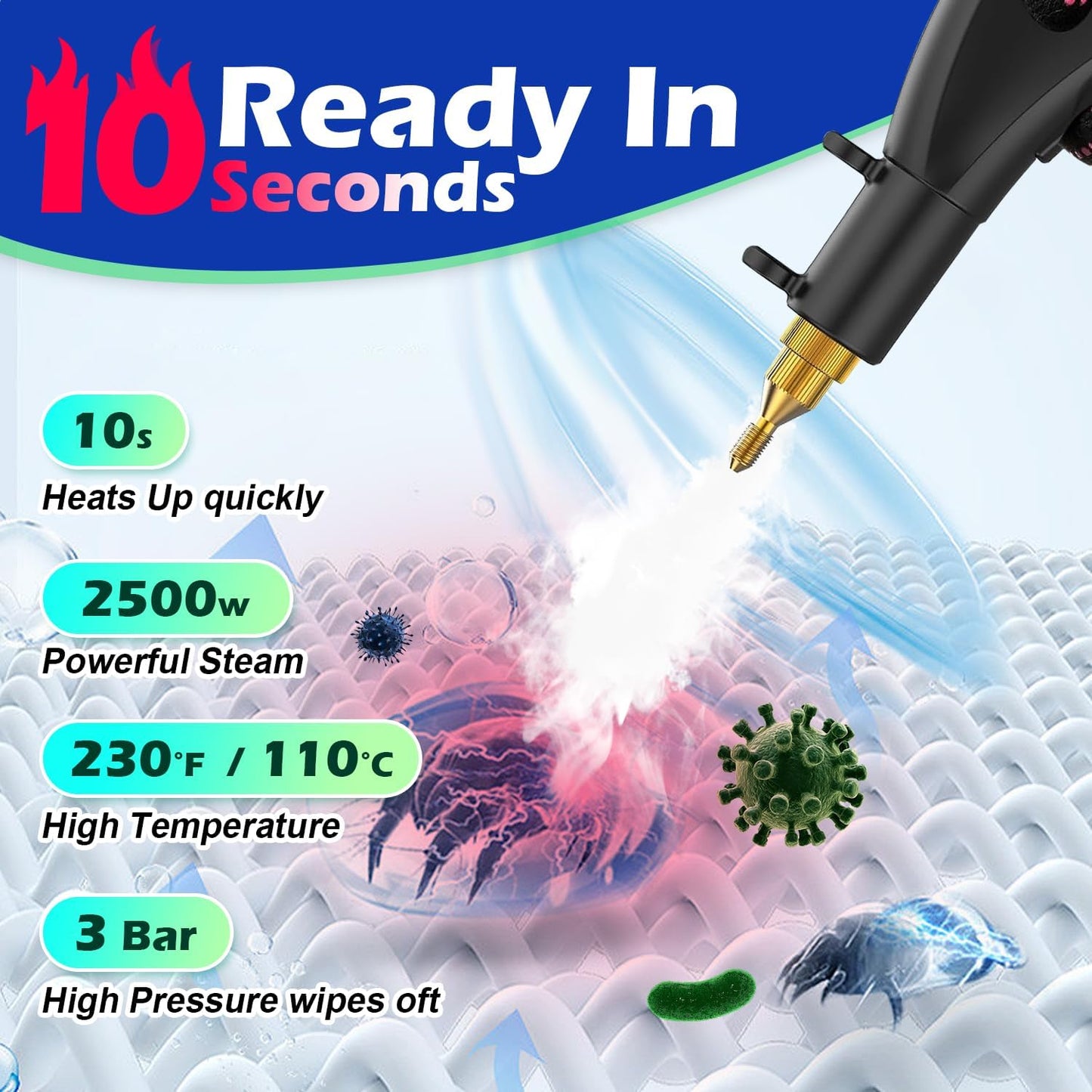 Steam Cleaner,15s Heat-Up,1.6L Tank,3-Level Adjustable Handle,2500W Steamer for Cleaning,Portable Steamer for Cleaning with 16PCS Accessories,Steam Cleaner for Home,Car,Dirt,Grease,Grout,Tile,Couch