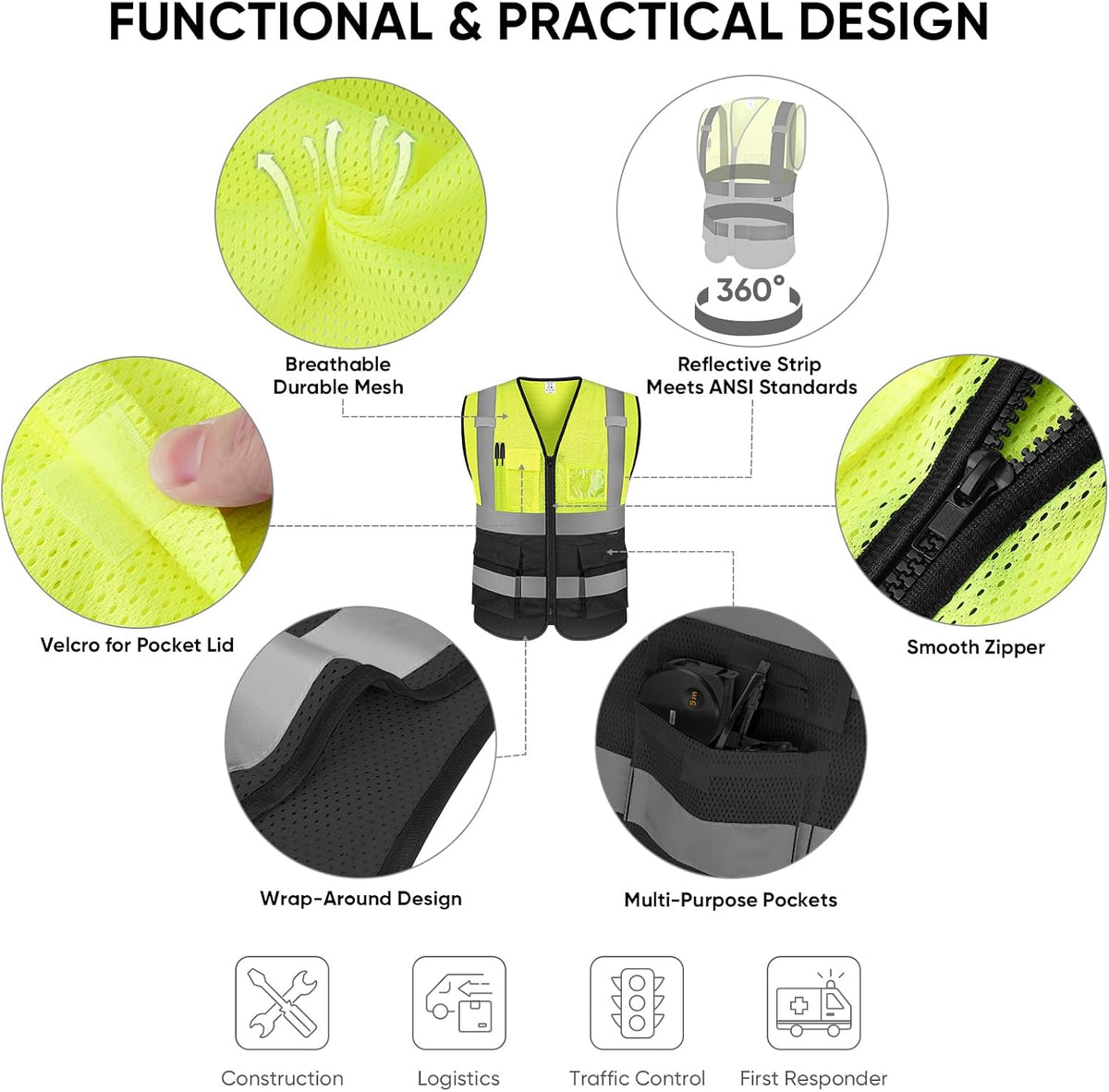 TICONN Reflective Safety Vest High Visibility Class II Mesh Vest for Women & Men Meets ANSI Standards