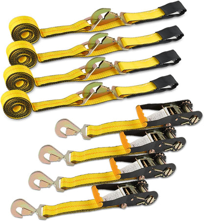Heavy Duty Adjustable Car Tie Down Kit with Snap Hooks -Break Strength 10,000 lbs-Working Load 3333 lbs-Bonus Includes 4 Pack 36" Axle Straps with D-Ring(Yellow)