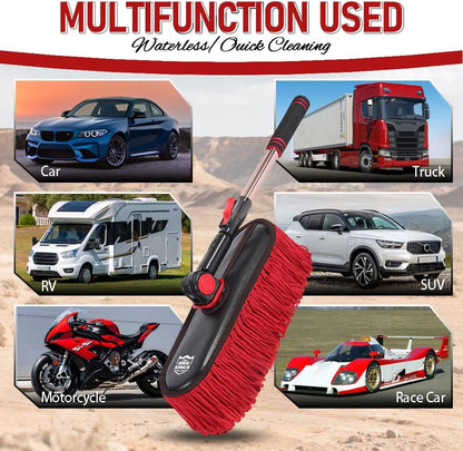 Car Duster Exterior Scratch Free with Extendable Handle, Microfiber Car Cleaning Brush for Dust Removal + Small Detailing Brush for Interior Care