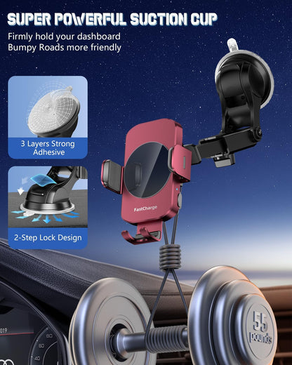 3-in-1 Wireless Car Charger Mount, 15W Fast Charging Auto-Clamping Phone Holder for iPhone 17 16 15 14, Samsung Galaxy S24 S23, Dashboard, Vent & Windshield Car Mount(Black)