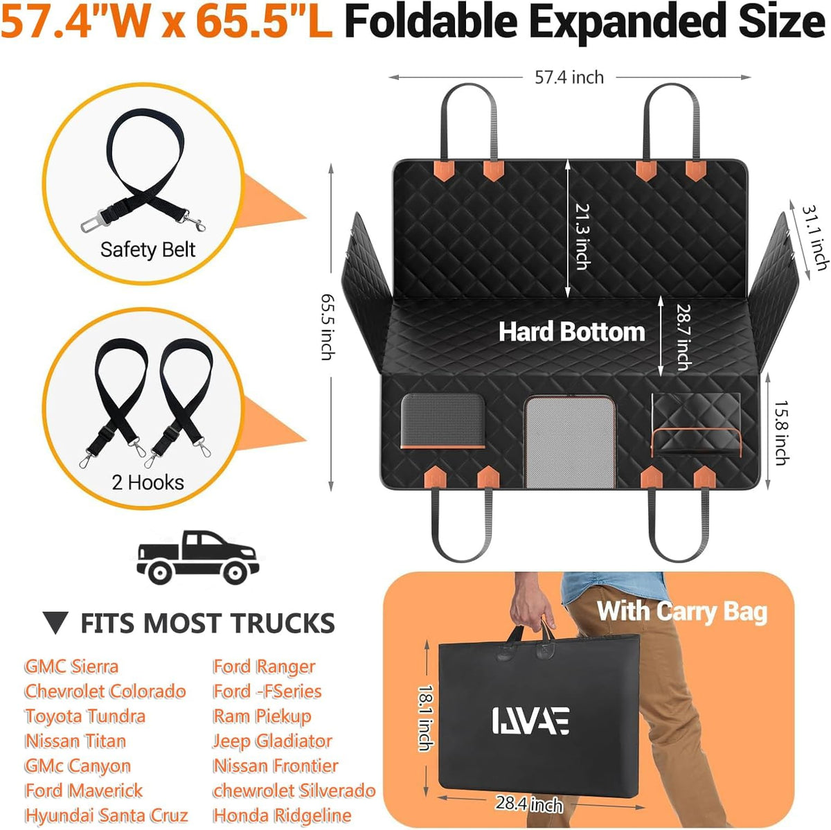 IJVAE Dog Seat Cover for Back Seat, Hard Bottom Back Seat Extender Holds 500 lbs, Waterproof & Nonslip Car Hammock for Large Pets, Comfortable Travel Seat Protector for SUV and Sedan
