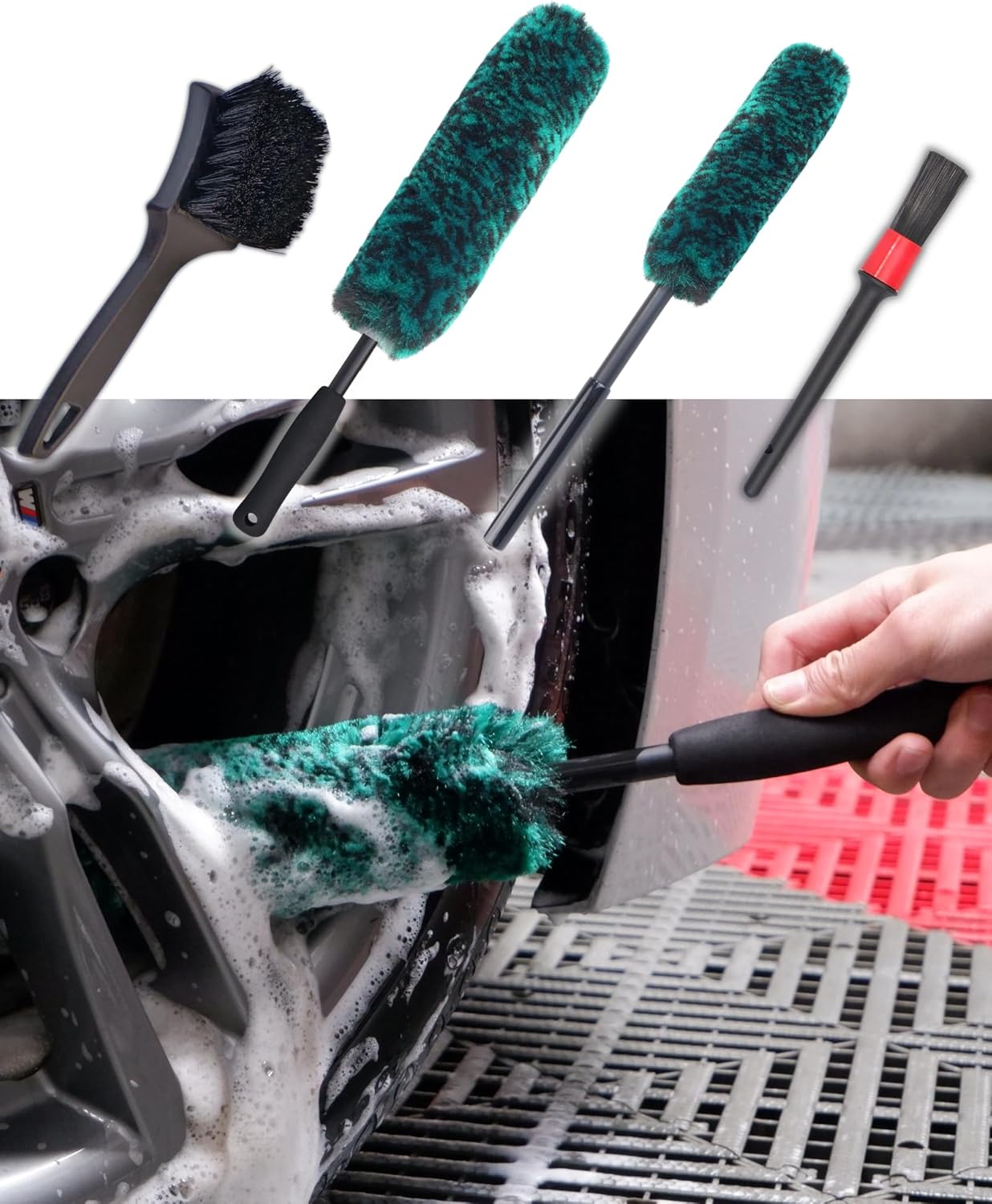 oesee Professional 4 Pack Long Handle Wheel Brush Kit for Cleaning Wheel and Tire- 2X Soft Wheel Cleaning Brush, Detailing Brush and Stiff Tire Brush, Bendable& Durable Wheel Rim Cleaner Brush Set