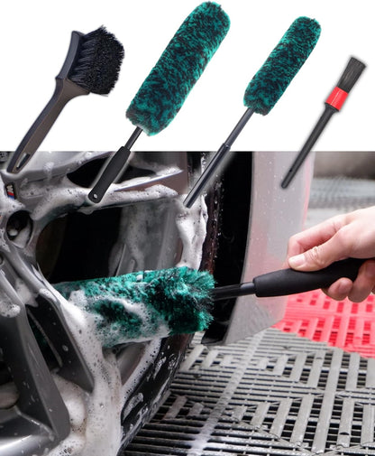 oesee Professional 4 Pack Long Handle Wheel Brush Kit for Cleaning Wheel and Tire- 2X Soft Wheel Cleaning Brush, Detailing Brush and Stiff Tire Brush, Bendable& Durable Wheel Rim Cleaner Brush Set