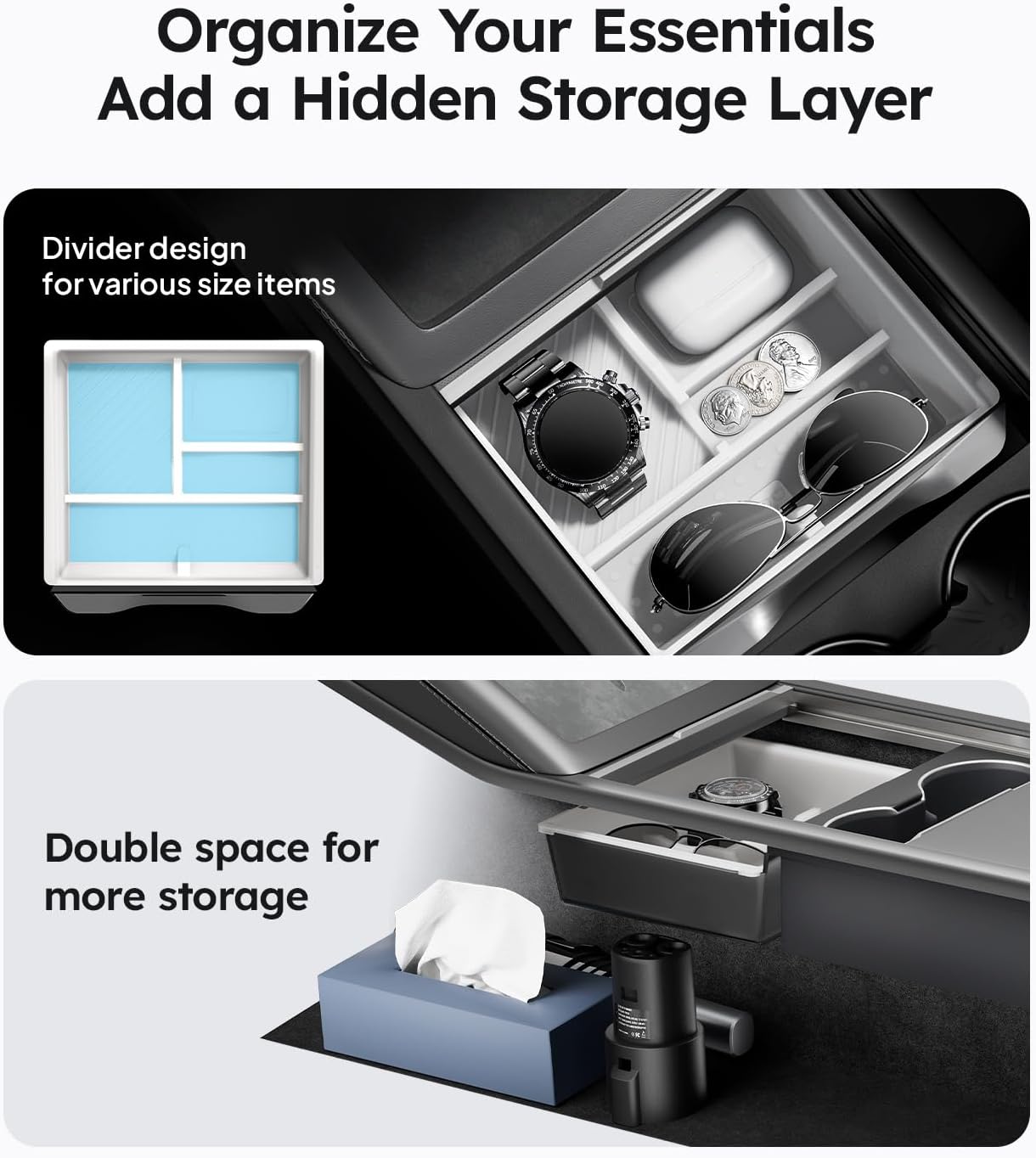 Wigoo Center Console Organizer for Tesla Model Y Juniper (Only Premium & Performance 2025 2026) and All Model 3 Highland Accessories [Double-Layer Storage, Smooth Sliding] 4PCS Black