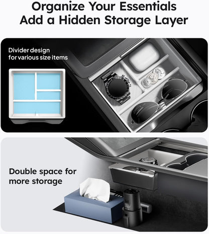 Wigoo Center Console Organizer for Tesla Model Y Juniper (Only Premium & Performance 2025 2026) and All Model 3 Highland Accessories [Double-Layer Storage, Smooth Sliding] 4PCS Black
