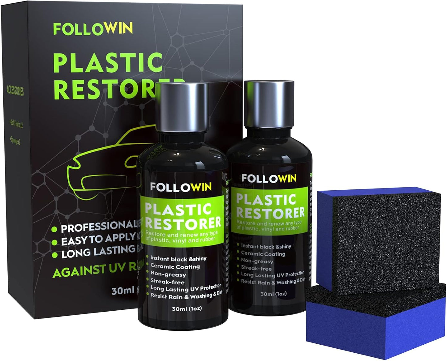 FOLLOWIN Plastic Restorer for Cars, Professional Ceramic Trim Restorer for Black Plastic Trim Restoration, Non Greasy Formula, Streak Free Finish to Plastic, Rubber & Vinyl on Truck, SUV and RV, 30ml