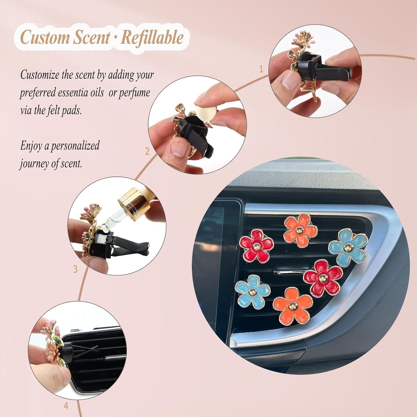 ORIESSE 6pcs Flowers Car Air Freshener Vent Clips Purple White Daisy Air Vent Clip Car Accessories for Women 3.3cm/3cm Flower Vehicle Interior Decor Refillable Diffuser