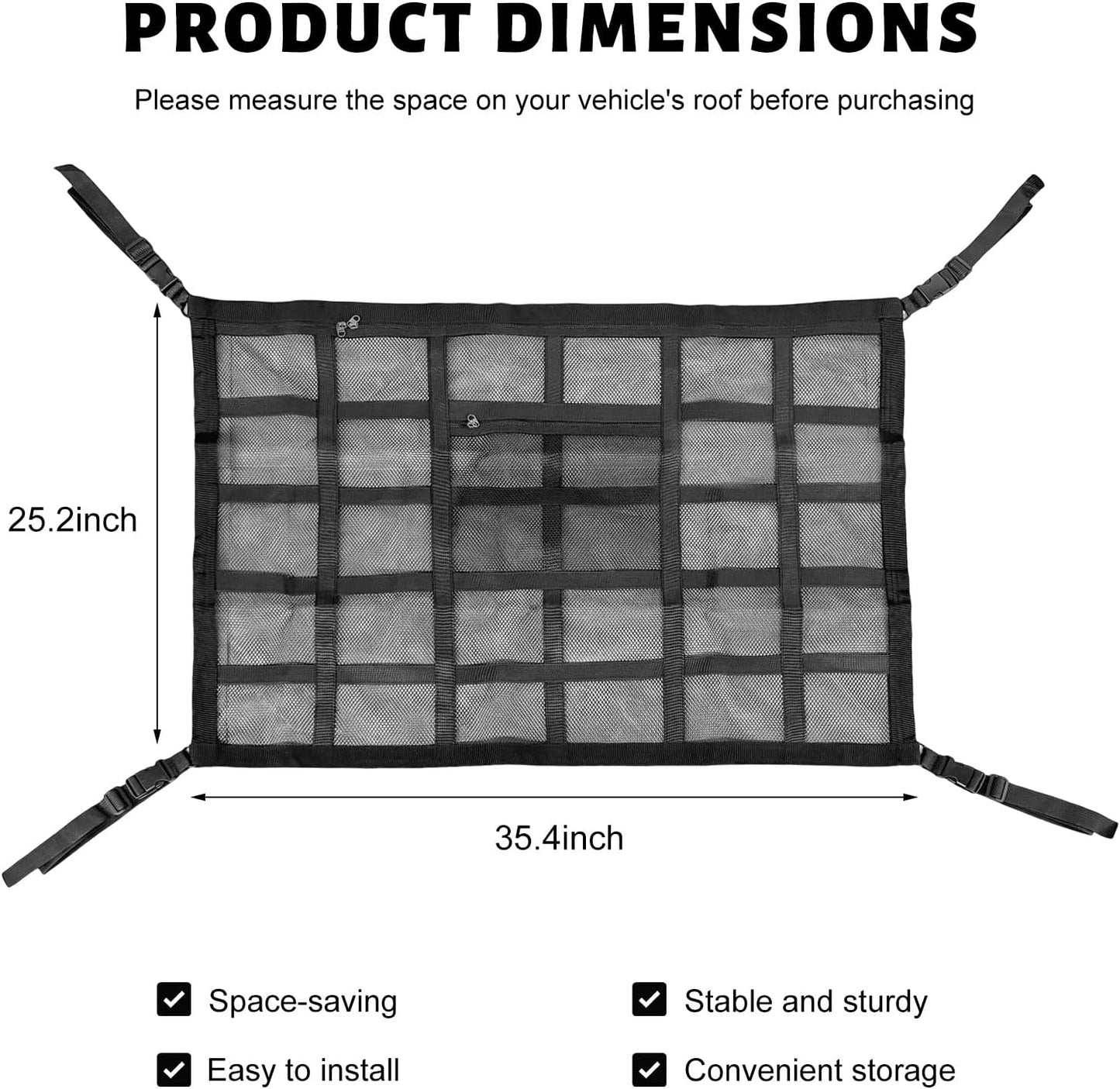 Car Ceiling Cargo Net Pocket, 31.5×20.5 Inch Double-Layer Car Roof Mesh Storage Organizer, Strengthen Load Bearing Overhead Cargo Storage Net for 4-Handle Vehicles