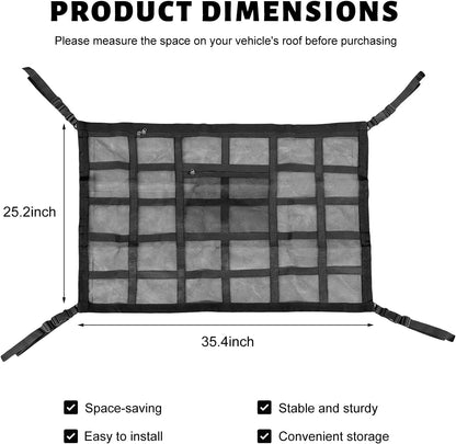 Car Ceiling Cargo Net Pocket, 31.5×20.5 Inch Double-Layer Car Roof Mesh Storage Organizer, Strengthen Load Bearing Overhead Cargo Storage Net for 4-Handle Vehicles