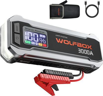 WOLFBOX 4000A Jump Starter,12V Car Battery Jumper Starter Portable with 65W Quick Charger,LED Display,88.8Wh Booster Jump Box Pack (10L Gas 10L Diesel Engine) with LED Light,Jumper Cables, MV24