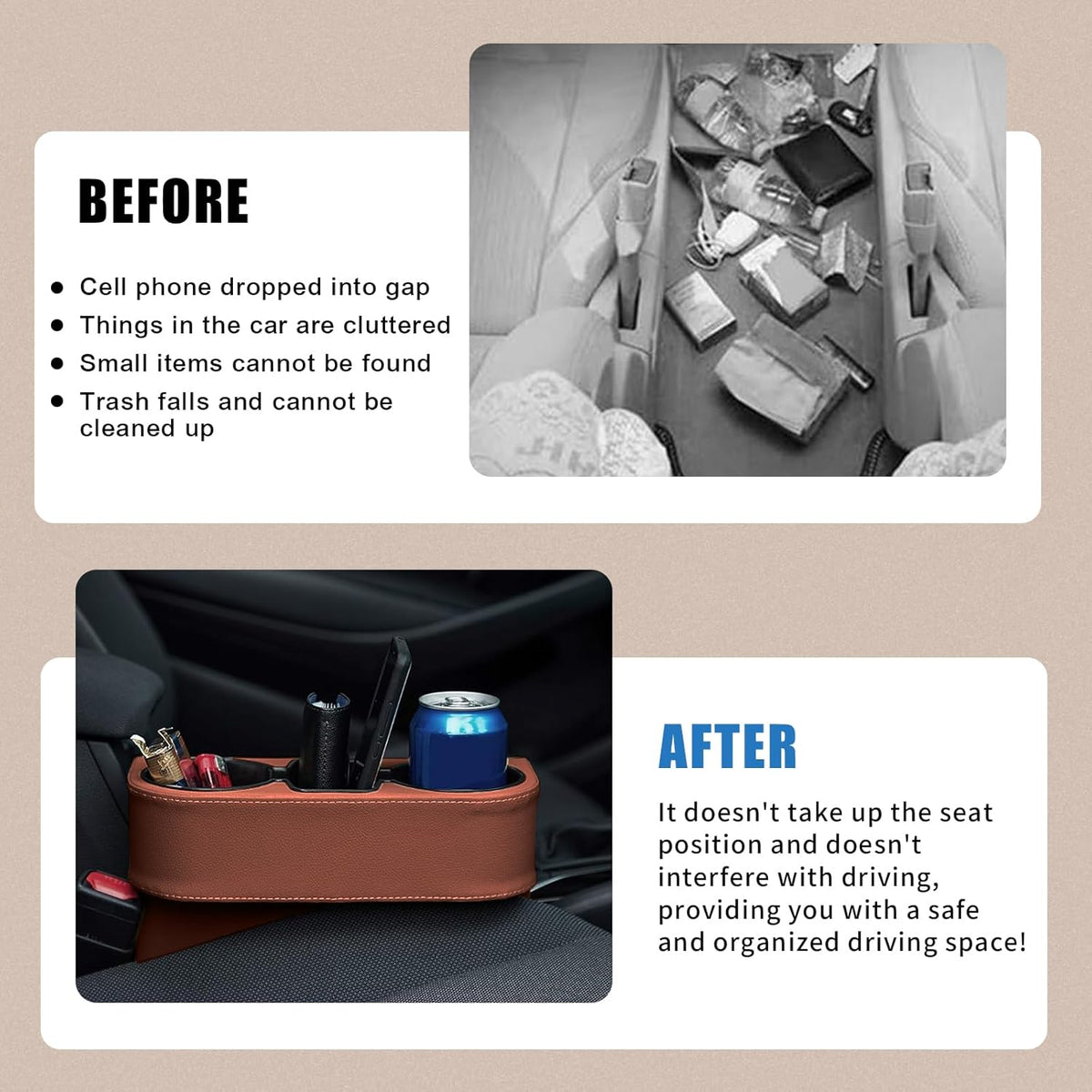 Car Cup Holder, PU Leather Auto Front Seat Organizer, Multifunctional Cup Drink Holders, Gap Filler Storage Box Coin Bucket Console Side Pocket Cell Mobile Phone Holder (Black)