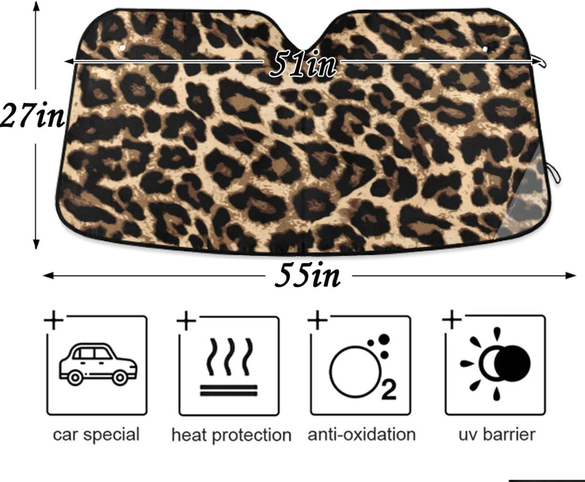 Black Leopard Car Windshield Sun Shade Animal Skin Print Foldable UV Ray Sun Visor Protector Sunshade to Keep Your Vehicle Cool (51" x 27.6")