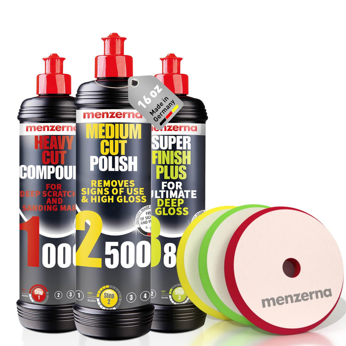 menzerna Polishing Set 8oz – HCC1000, MCC2500 & 3800 | 3-Step System for Scratch Removal, Swirl Elimination & Mirror-Like Finish