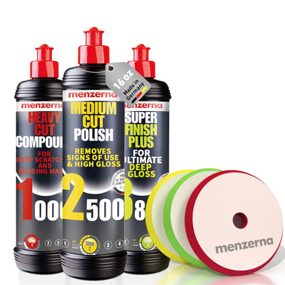 menzerna Polishing Set 8oz – HCC1000, MCC2500 & 3800 | 3-Step System for Scratch Removal, Swirl Elimination & Mirror-Like Finish