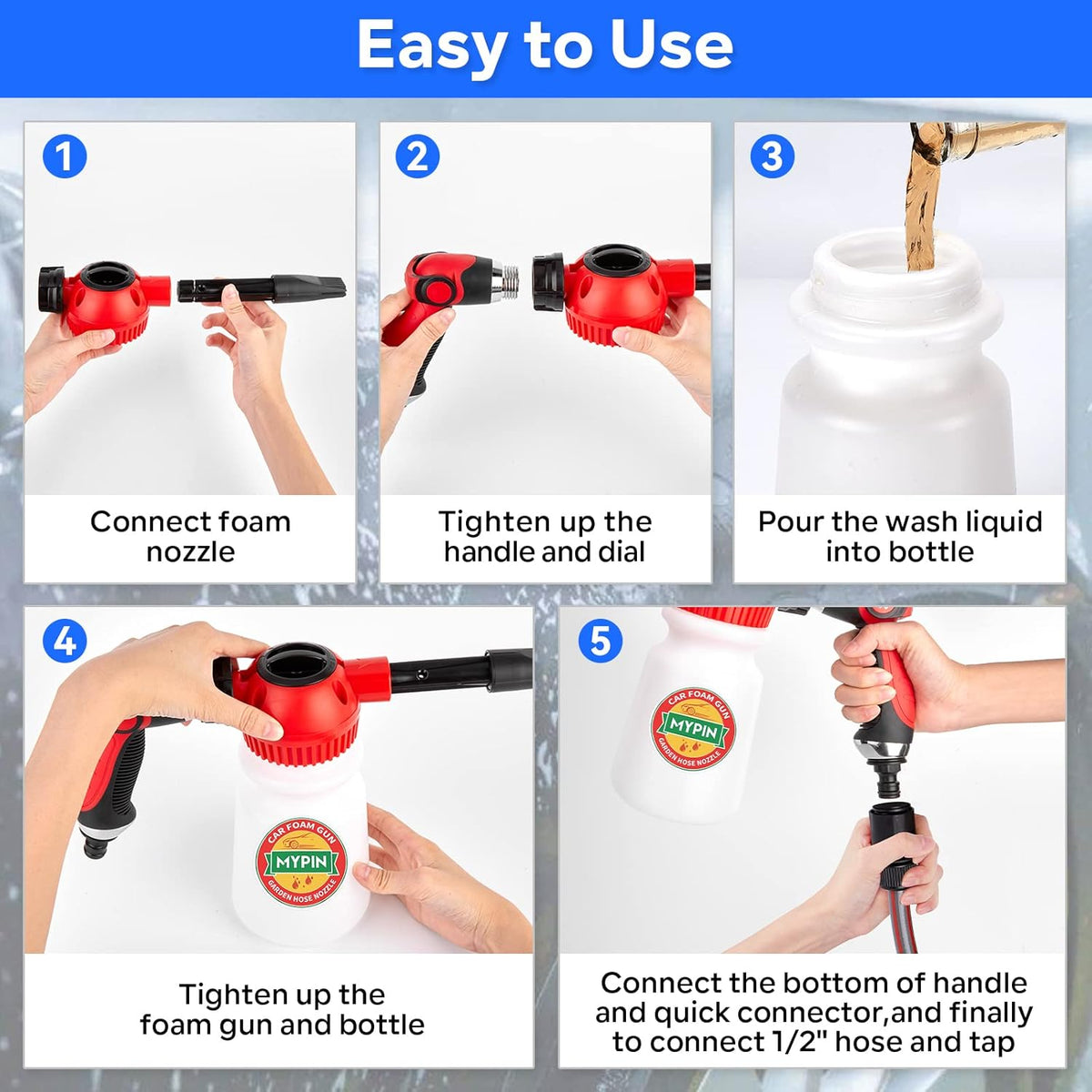 16 IN 1 Car Wash Foam Gun, Foam Cannon,Adjustable Hose Wash Sprayer with 2.5 to 6 Bars Foam Blaster,Wash Mitten &Towel,Suitable for Car Cleaning and Garden Use with 1/2” Quick Connector