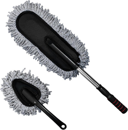 2 PCS Microfiber Car Duster, Scratch Free Auto Exterior Interior Large Dusting Cleaning Brush, Multipurpose Vehicle Dust Cleaner with Extendable Handle, Car Accessories (Blue)