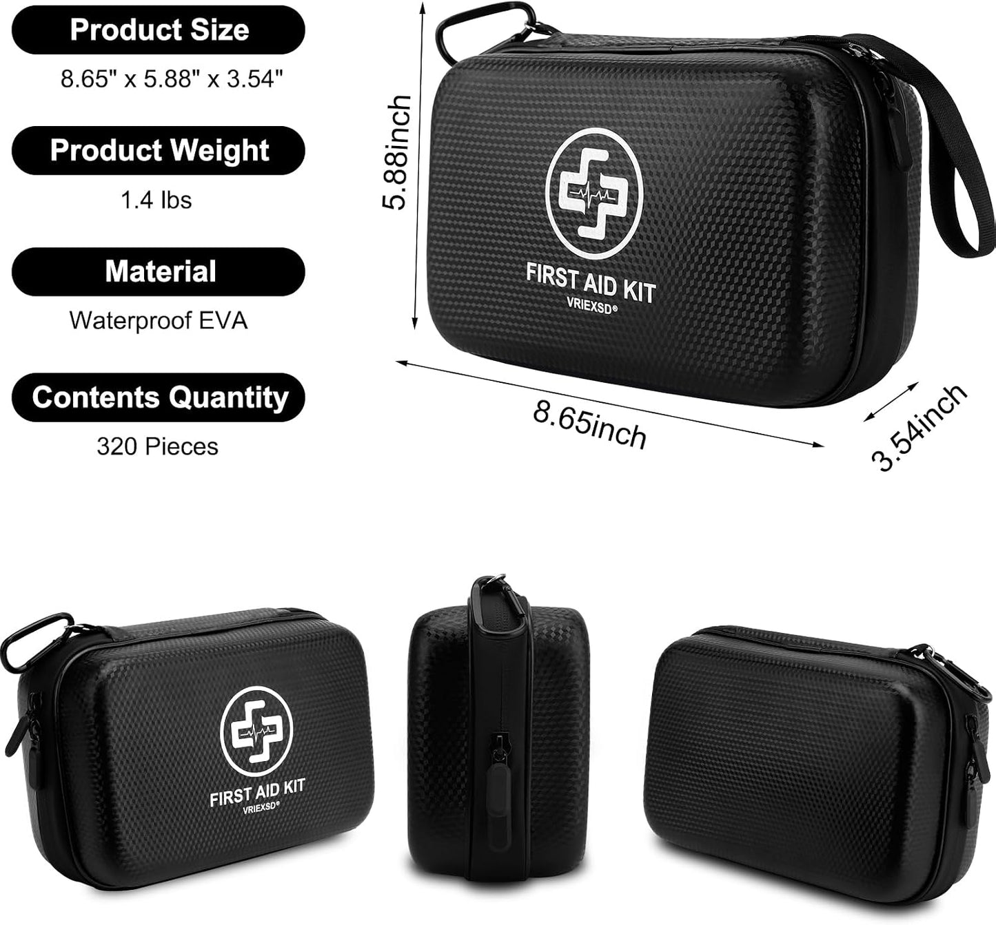 VRIEXSD Premium First Aid Kit, 320 Piece Waterproof Hard Shell Eva First Aid Kit for Home, Camping, Cars, Hiking, Travel, Businesses & Outdoor Emergencies - Emergency Medical Kits (Red)