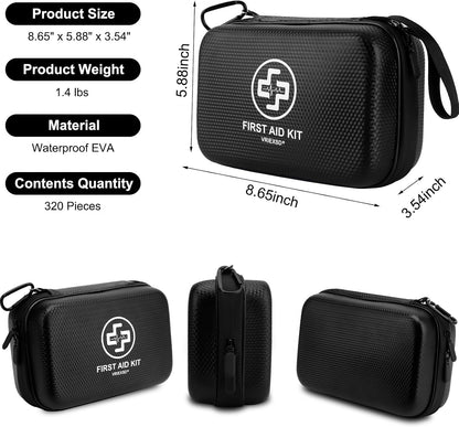 VRIEXSD Premium First Aid Kit, 320 Piece Waterproof Hard Shell Eva First Aid Kit for Home, Camping, Cars, Hiking, Travel, Businesses & Outdoor Emergencies - Emergency Medical Kits (Red)