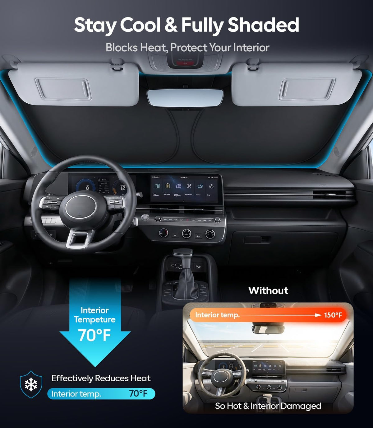 Wigoo Tesla New Model Y Accessories Windshield Sunshade [OEM Design, 100% Sun Blockage] Foldable Heat Insulation Sunshade with Storage Bag, for Model Y 2020~2026 (Juniper), Silver Coating - Colors A