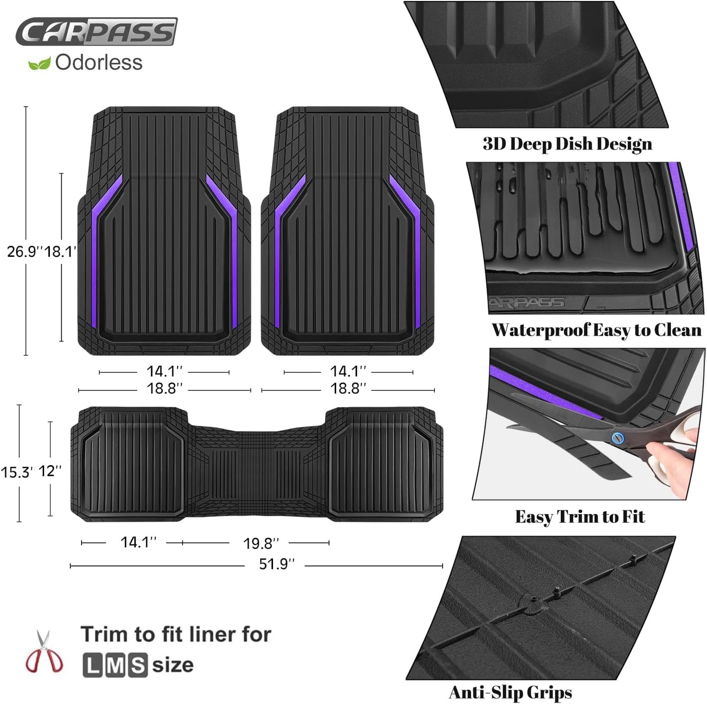 CAR PASS Heavy Duty Rubber Floor Mats for Car, Waterproof Liner Deep Dish Car Mats Full Sets, Universal Trim to Fit for SUV Truck Sedans Vans, All Weather Automotive Floor Mats 3pcs, Solid Black